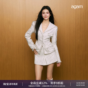 女秋冬 短裙套装 AGAM 海军领编织条纹白色小香风千金收腰外套开衫