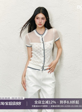 AGAM 丝光羊毛半透露肩圆领短袖女针织设计感撞色修身正肩T恤上衣