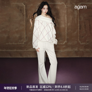 AGAM 一字肩斜领露肩撞色卫衣菱格米粒绣上衣+微喇卫裤阔腿休闲裤