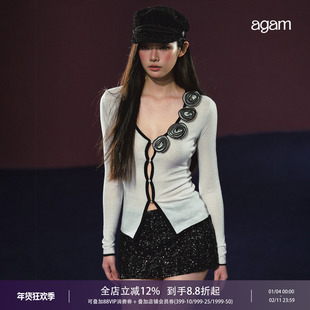 AGAM 立体玫瑰小香风撞色V领针织细闪半透上衣开衫