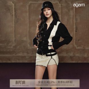 腰带设计短裙套装 小香黑白配色复古慵懒感百搭宽松毛衣 经典 AGAM