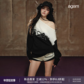 AGAM 软糯亲肤35%羊毛黑白撞色宽松慵懒感一字肩设计感毛衣女