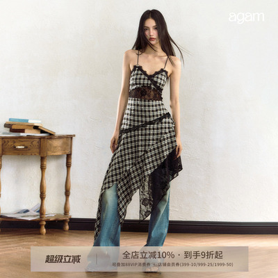 AGAM格纹蕾丝拼接吊带连衣裙