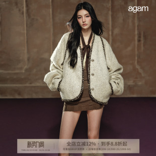 外套 粗花呢夹克开衫 AGAM 30%羊毛混纺小香风松弛落肩蝙蝠袖