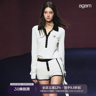 AGAM 中古风黑白撞色飘带polo绑带毛衣 桃心短裤套装