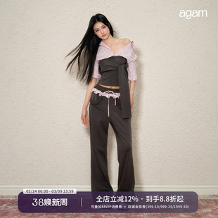 AGAM 原创假两件撞色休闲拼接绑带上衣 花边腰头宽松卫裤套装女