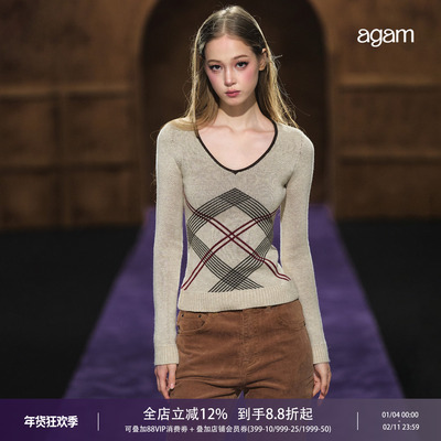 AGAM 复古格纹撞色修身针织打底衫 设计感质感长袖毛衣