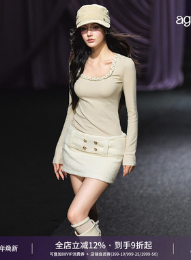 AGAM 富家千金小香风织带方领针织衫女秋季新款显瘦百搭打底上衣