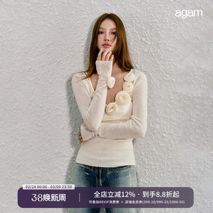 AGAM 原创立体玫瑰花朵设计天丝羊毛针织半透长袖上衣