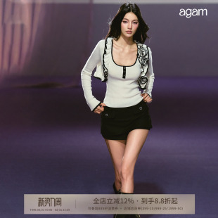 裙 侧开衩条纹显瘦防走光百搭裤 AGAM 时髦复古低腰mini短裤