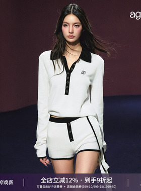 AGAM 中古风黑白撞色飘带polo绑带毛衣 桃心短裤套装