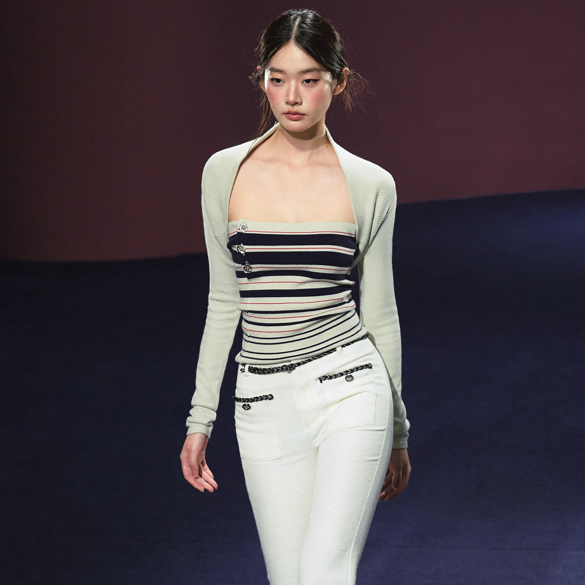 AGAM撞色条纹抹胸+披肩开衫套装