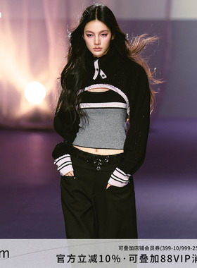 AGAM 真两件时髦撞色高翻领坎肩开衫撞色吊带两件套装