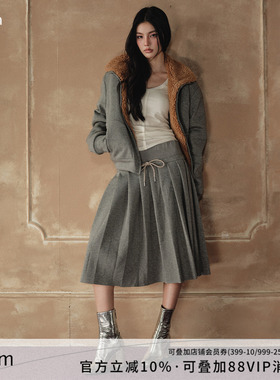 AGAM 秋冬慵懒学院风高克重羊羔绒卫衣外套+百褶裙半身裙套装