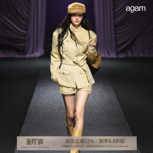 套装 小香风短裤 两件套女 流沙粉金立领麂皮绒夹克收腰外套 AGAM