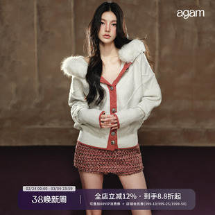 AGAM 可拆卸毛领撞色粗针菱格连帽开衫 羊腿袖慵懒松弛感毛衣外套