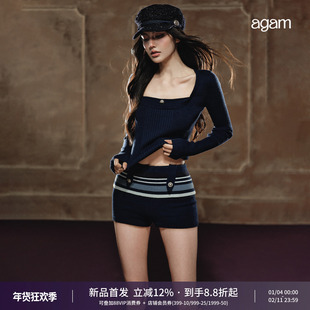 AGAM 层次感假两件修身弹力毛衣打底条纹嵌色设计包臀短裤套装
