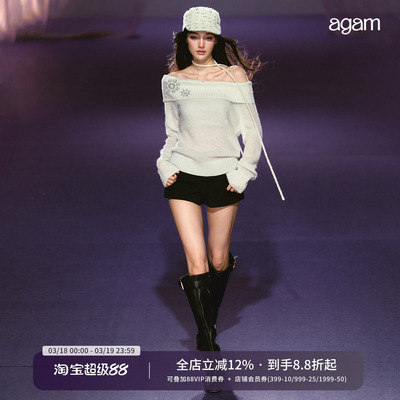 AGAM 原创雪花烫钻慵懒微透上衣 含羊毛一字肩斜领针织毛衣女