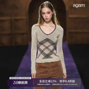 AGAM 复古格纹撞色修身针织打底衫 设计感质感长袖毛衣