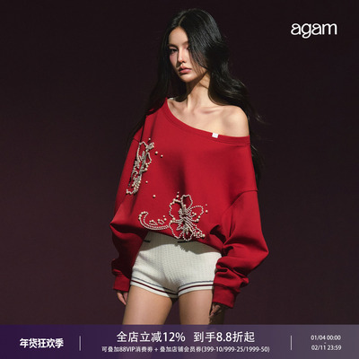 AGAM 设计感珍珠钉珠一字肩斜肩两穿廓形卫衣 毛织撞色短裤套装
