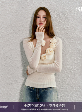 AGAM 原创立体玫瑰花朵设计天丝羊毛针织半透长袖上衣