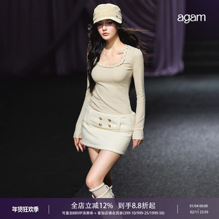 AGAM 富家千金小香风织带方领针织衫女秋季新款显瘦百搭打底上衣