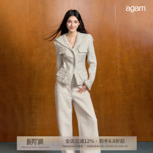 AGAM原创设计海军领编织白色彩点小香风冬日千金外套修身 收腰上衣