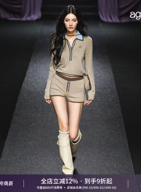 AGAM 撞色金扣飘带翻领polo绑带毛衣 桃心短裤套装
