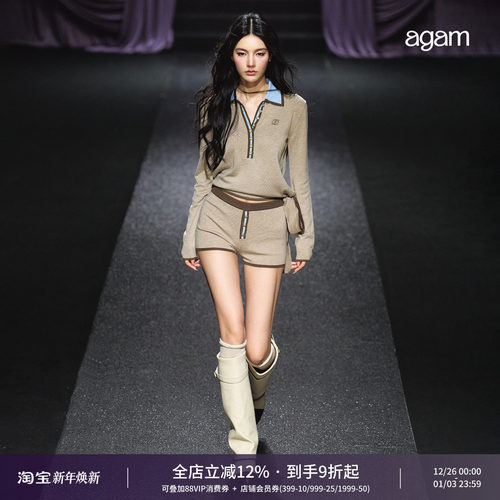 AGAM 撞色金扣飘带翻领polo绑带毛衣 桃心短裤套装