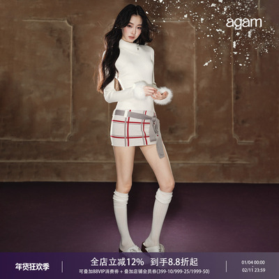 AGAM 圣诞/新年氛围感 可拆卸毛毛高领格纹绑带修身连衣裙