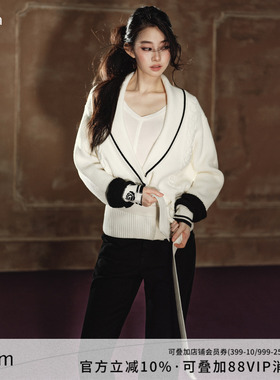 AGAM 大翻领廓形撞色V领叠穿层次感松弛慵懒风显瘦收腰绑带毛衣