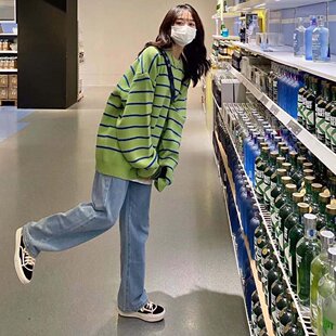 软糯绿色条纹毛衣女冬季 上衣 宽松显瘦小众设计感加厚慵懒风针织衫