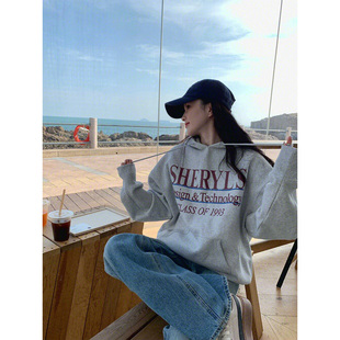 美式复古小众设计感印花灰色连帽卫衣女生秋冬季2025新款超好看