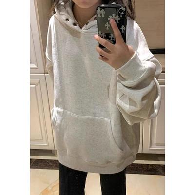白灰色美式双纽扣连帽卫衣女oversize秋冬加绒宽松高街基础版帽衫