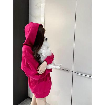 国潮牌玫红色连帽卫衣春秋季