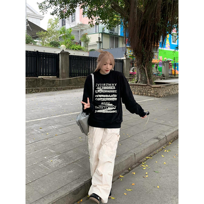 美式高街黑色字母圆领卫衣女宽松