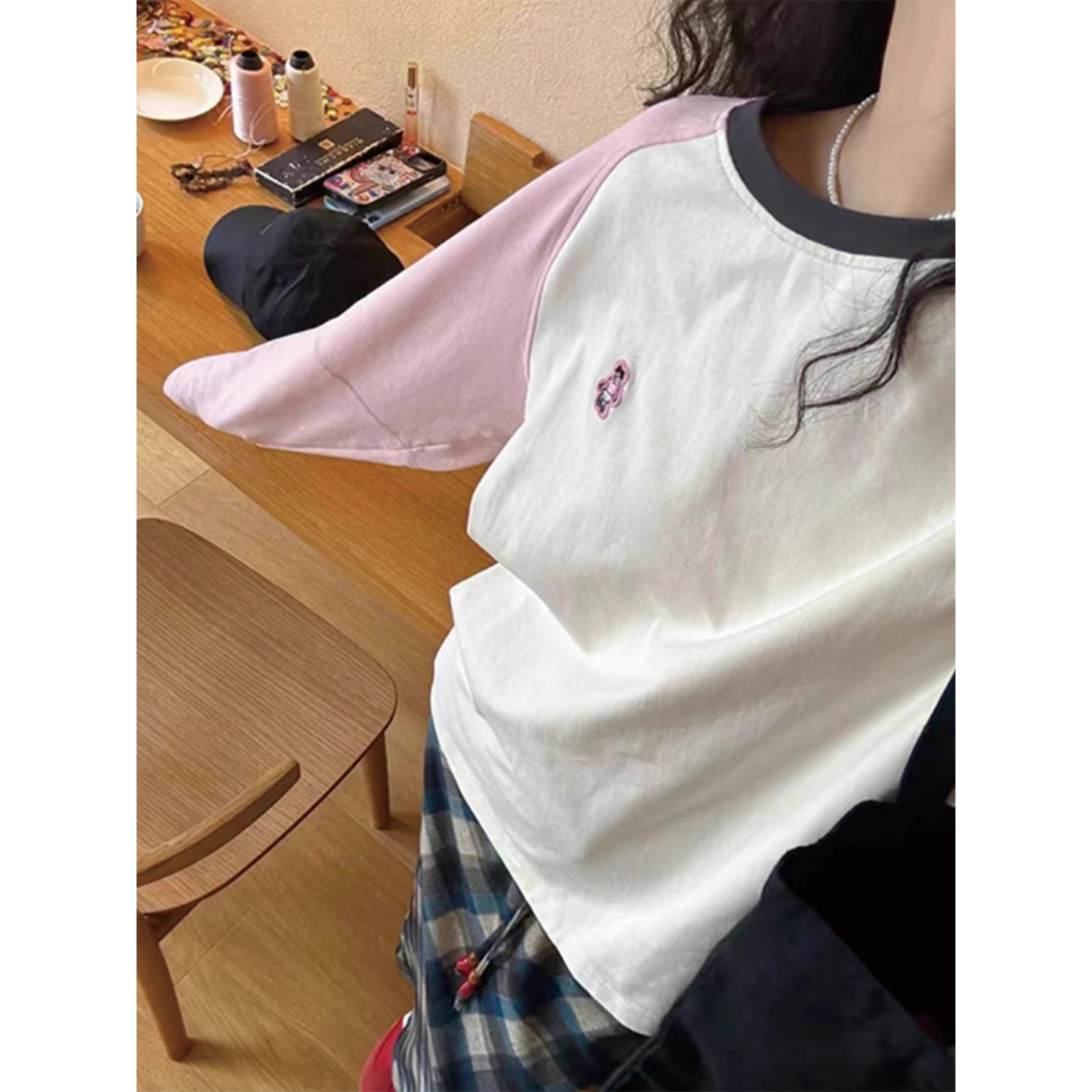 【送运费险】甜美减龄撞色长袖t