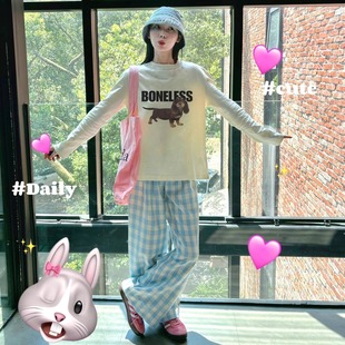 原创黄色腊肠小狗印花纯棉长袖t恤女秋季新款宽松小众高级感上衣