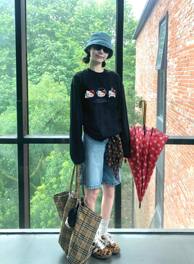 美式复古黑色kitty耳机猫长袖t恤女早秋新款宽松显瘦秋冬打底衫