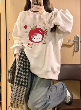 白灰色2025新款宽松慵懒风圆领卫衣女减龄kitty印花秋冬加绒上衣