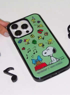 韩系ins绿色史努比适用苹果16promax苹果手机壳iPhone15pro亚克力黑边小米1415Pro华为mate60p70三星S23防摔