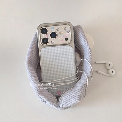 韩系ins复古蓝白格纹手机壳