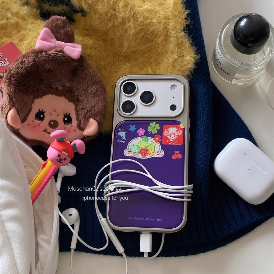 韩系ins冬季复古紫卡通图案小猴子同款适用16苹果17ProMax手机壳iPhone15电镀银滴胶14Pro/13pro壳17air软壳