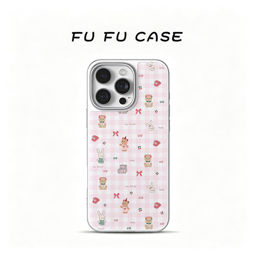 粉格熊兔磁吸磨砂玻璃手机壳