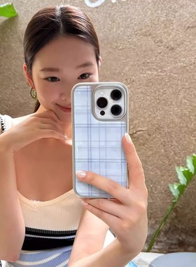 ins夏日拼接蓝色格纹新款电镀银边手机壳适用苹果iPhone16pro高级感小众15plus亮面14max13防摔简约12气质