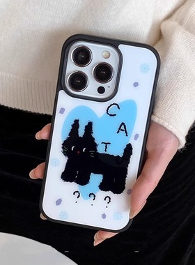 韩系ins小黑猫可爱卡通适用苹果16promax手机壳iPhone15pro玻璃壳14亚克力13简约12黑色软边创意个性小众时尚