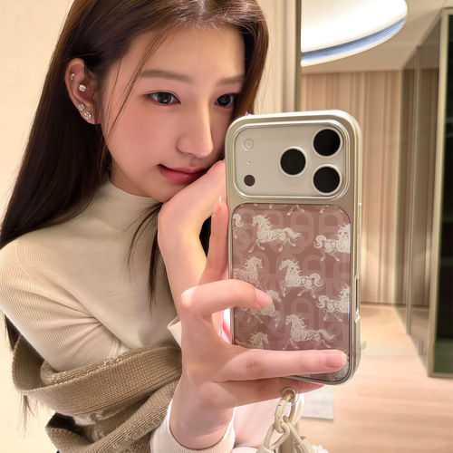 ins小众个性新年好运白马插画新款银框手机壳适用苹果iPhone17promax高级感保护套16plus亮面15pro14防摔气质