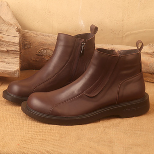 秋冬真皮休闲高帮皮鞋男头层牛皮工装马丁靴圆头大码厚底加绒棉靴