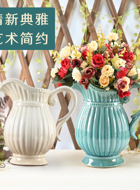 特价陶瓷花瓶花盆欧式粗陶冰裂色釉把手高档酒店客厅软装家居摆件