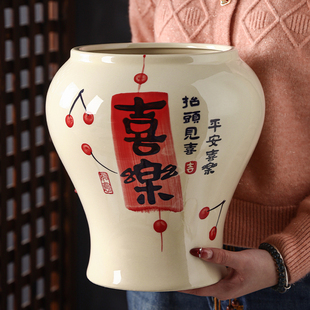 新中式家用陶瓷花盆手绘喜乐室内大号轻奢兰花冬青三角梅专用花盆